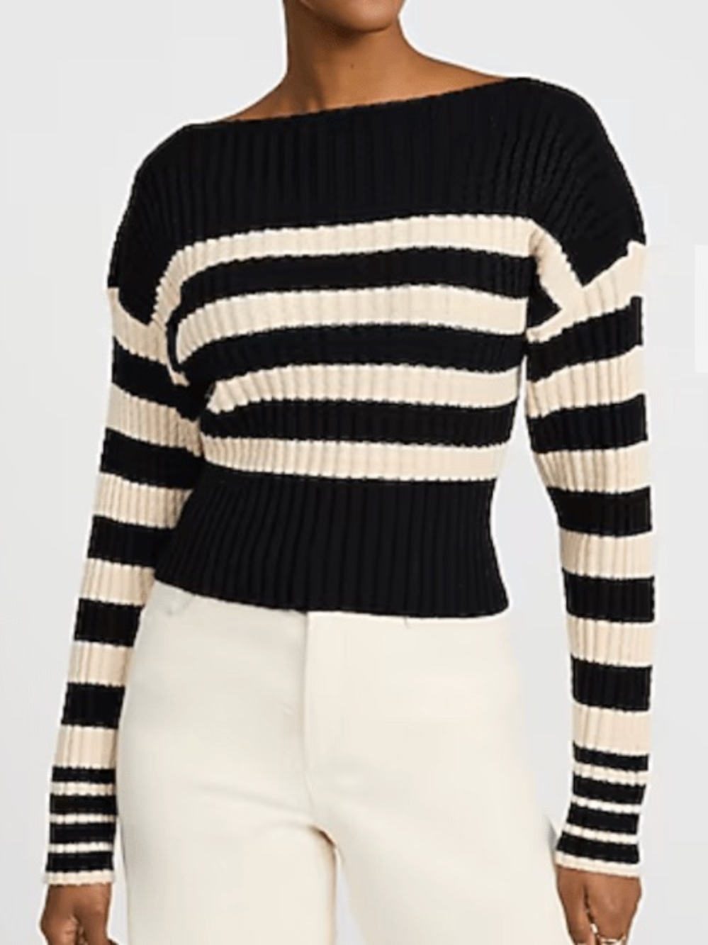 Navy Blue and White Striped Ribbed Boatneck Sweater